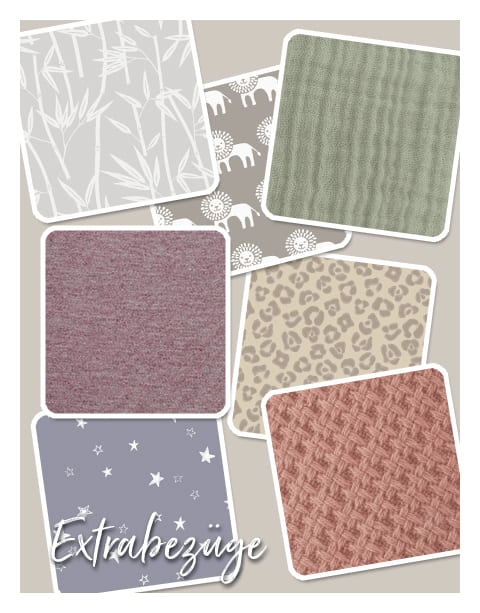 Sechs Stoffmuster, jedes mit unterschiedlichem Design und Farbe, sind symmetrisch angeordnet. Darunter steht der Text \